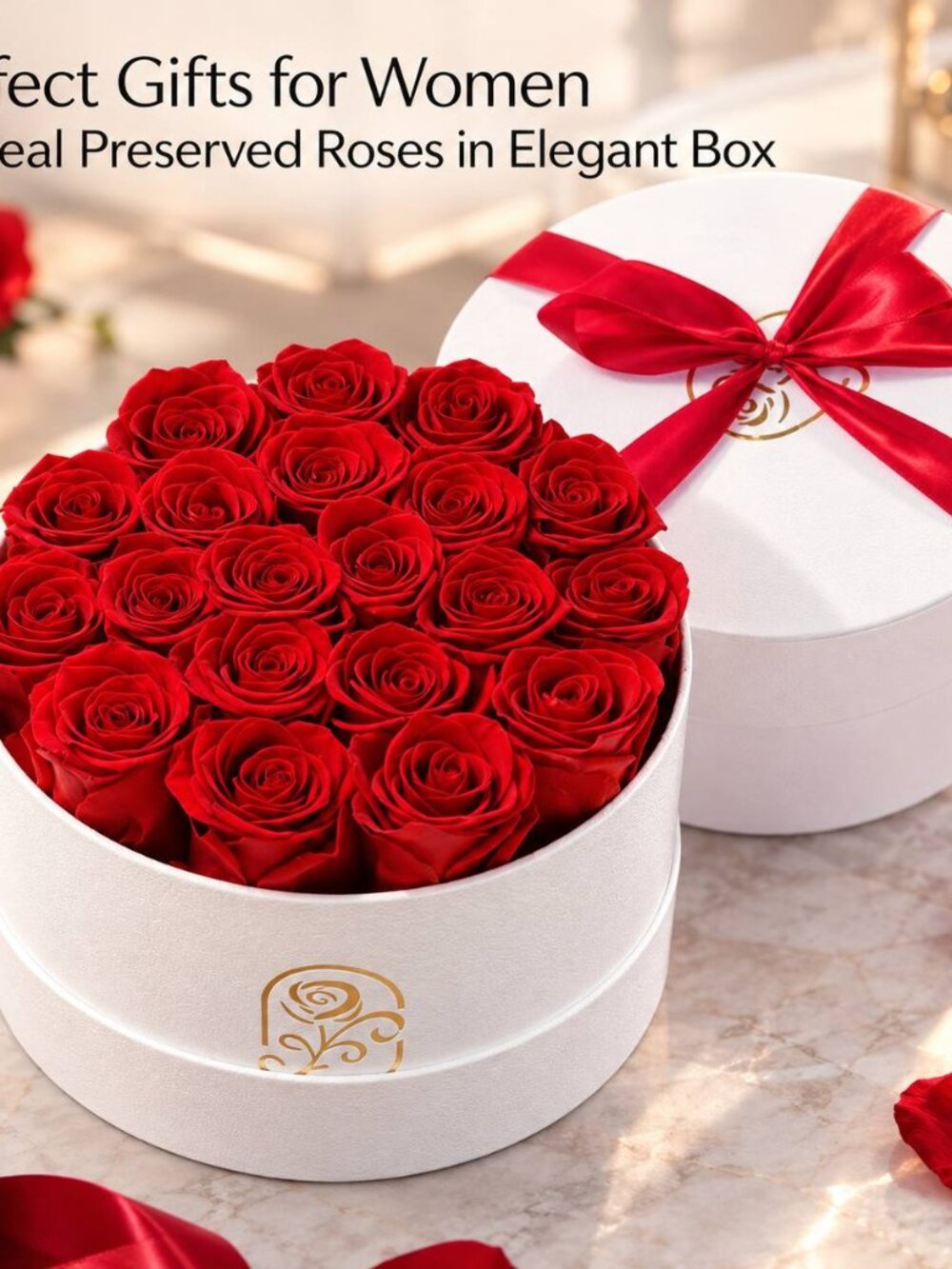 20 Real Preserved Red Roses in White Round Gift Box Forever Flowers